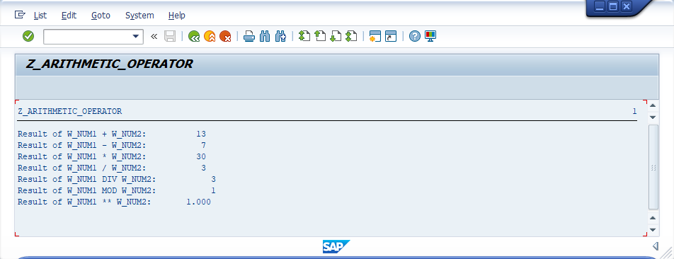 Arithematic Operator Example Output