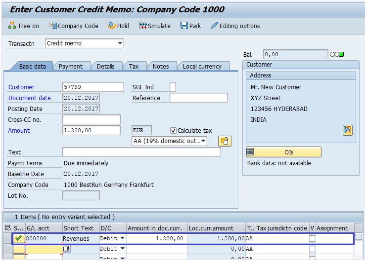 Credit Memo fo Sales Returns