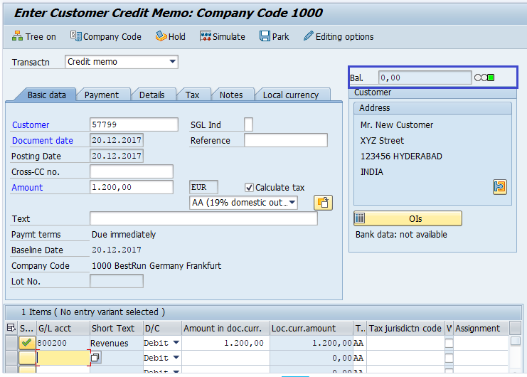 Credit Memo fo Sales Returns