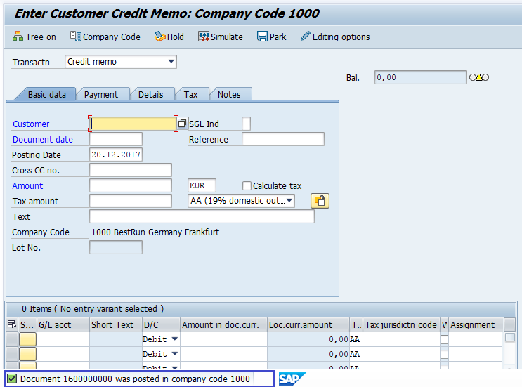 Credit Memo fo Sales Returns