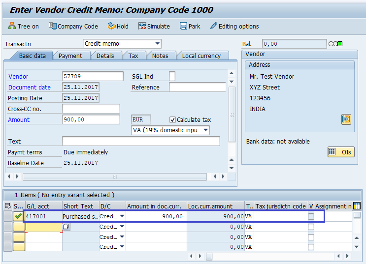 credit memo on the behalf