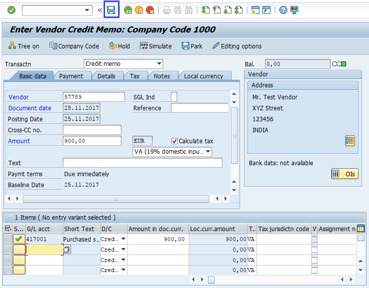 SAP FICO Credit Memo for Purchases Returns