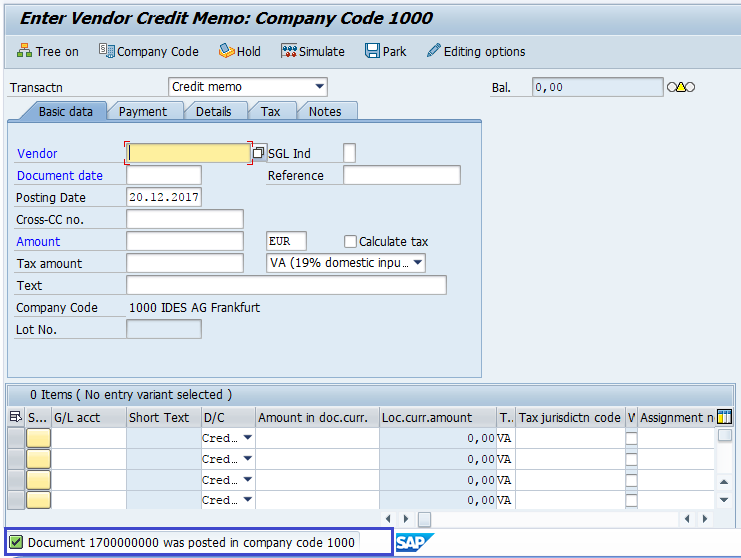 SAP FICO Credit Memo for Purchases Returns