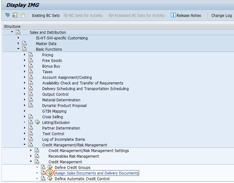 Assign sales documents and delivery types to credit group