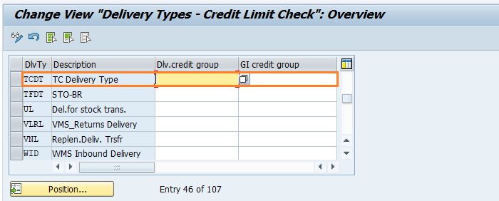 Assign sales documents and delivery types to credit group