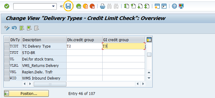 Assign sales documents and delivery types to credit group