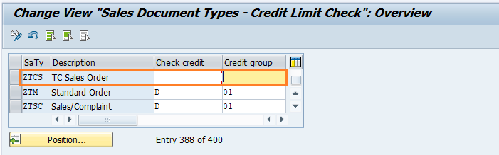 Assign sales documents and delivery types to credit group