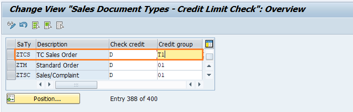 Assign sales documents and delivery types to credit group