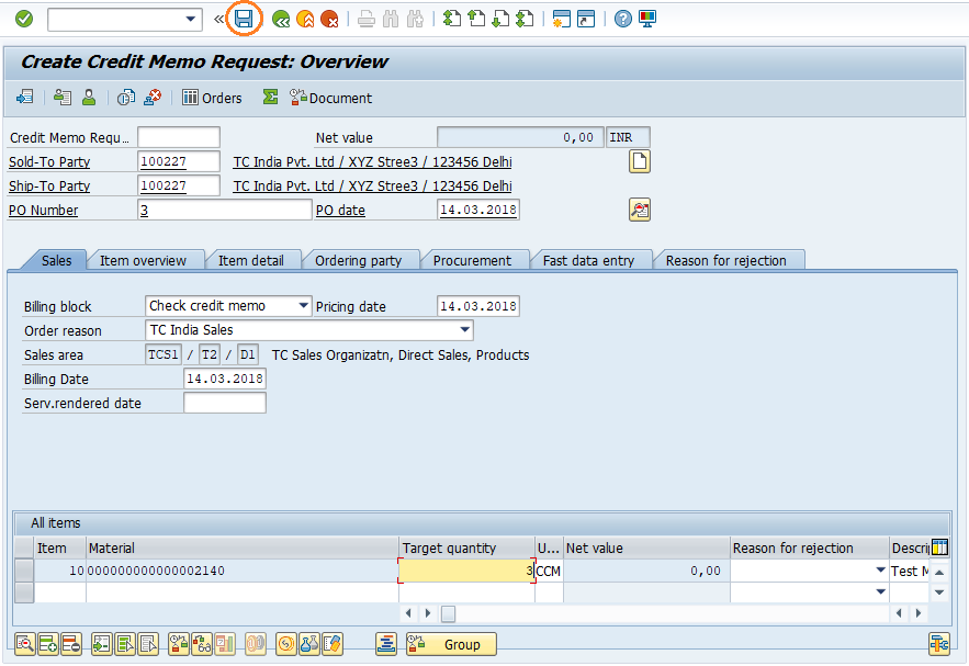 SAP SD Create Credit Memo