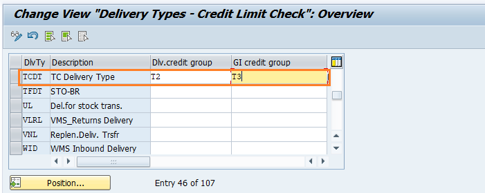 Assign sales documents and delivery types to credit group